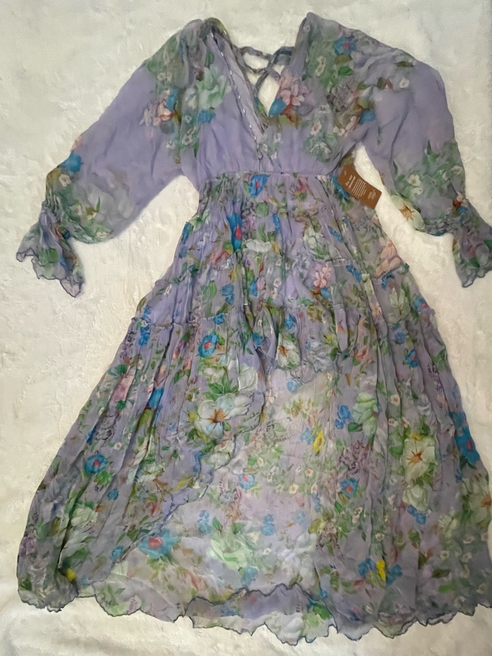 Hemant & Nandita Long Sleeve High-Low Bohemian Lavender Floral Maxi Dress